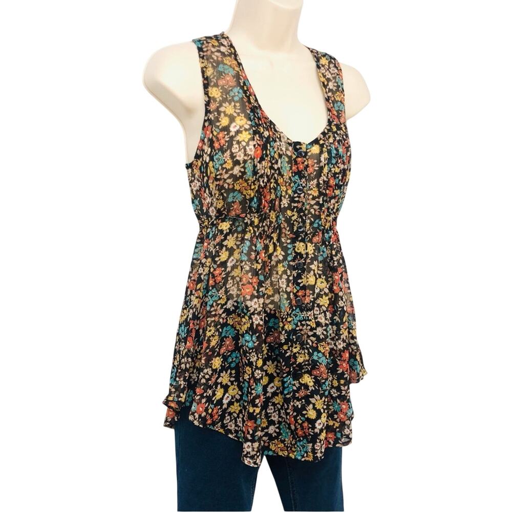 American Rag Black Floral Gauze Racerback Top Pin Tuck Accents Front and Back